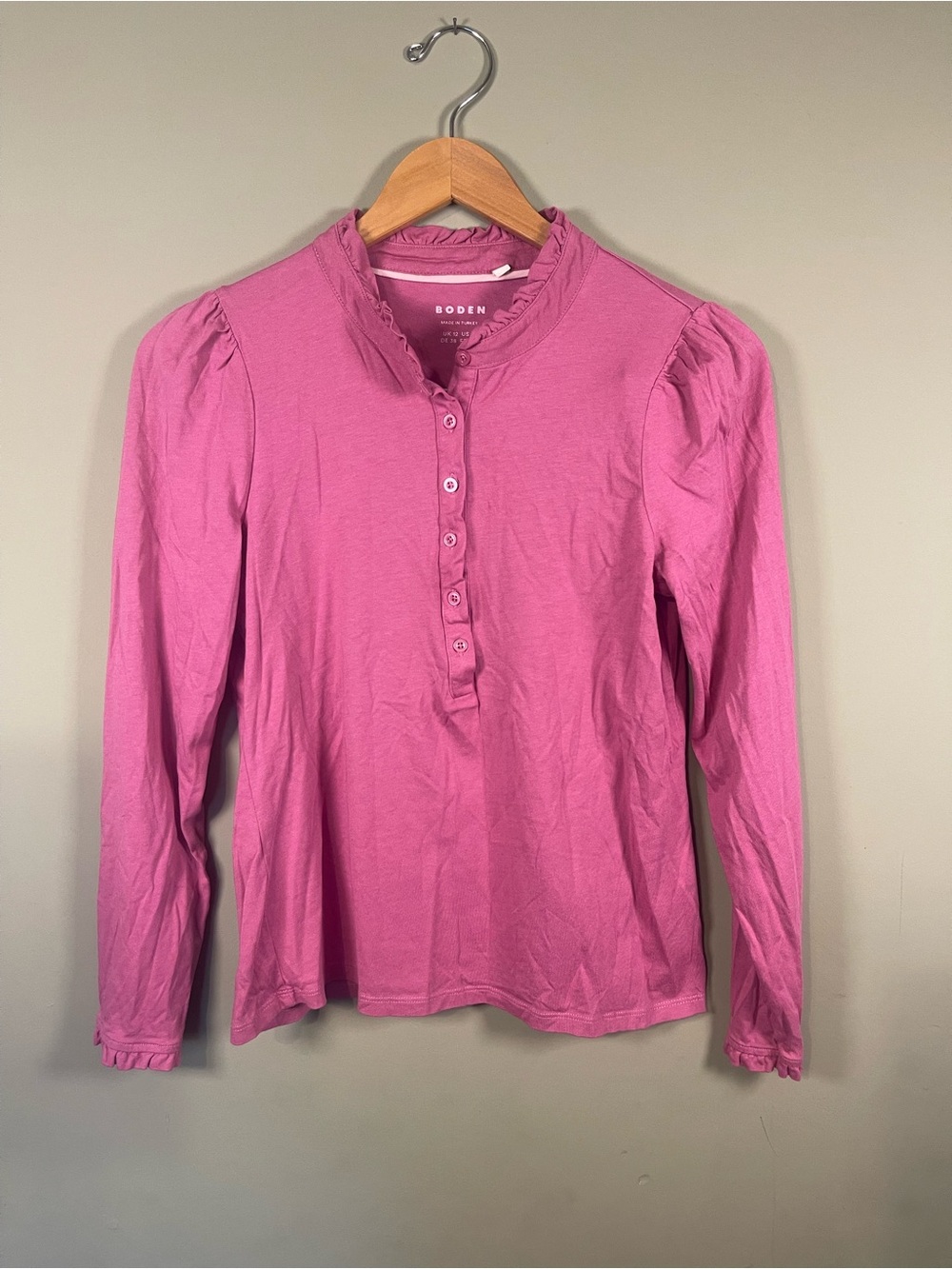 Boden Pink Supersoft Frill Henley Long Sleeve Top-US 8